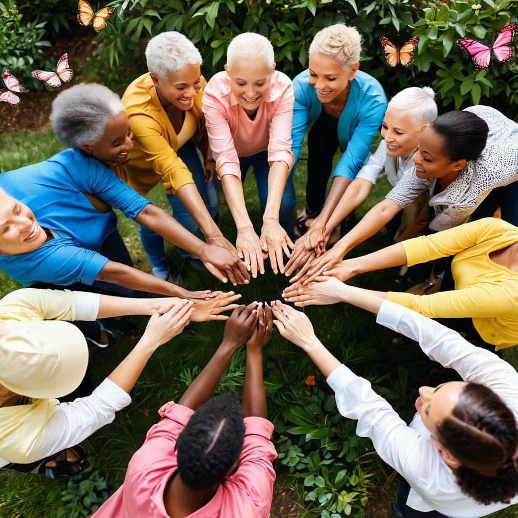 A diverse group of cancer survivors, united in a circle, each holding hands, exuding strength and hope. Surround them with luminous butterflies symbolizing transformation and resilience, set against a warm, welcoming backdrop of a blooming garden that represents community support. Soft sunlight filtering through leaves, highlighting the emotional connection and encouragement among the group. super-realistic. vibrant colors. warm tones.